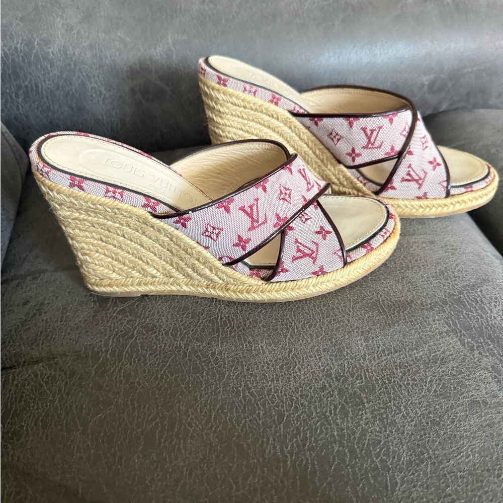 Louis Vuitton Pink Monogram Espadrille Wedge Sandals